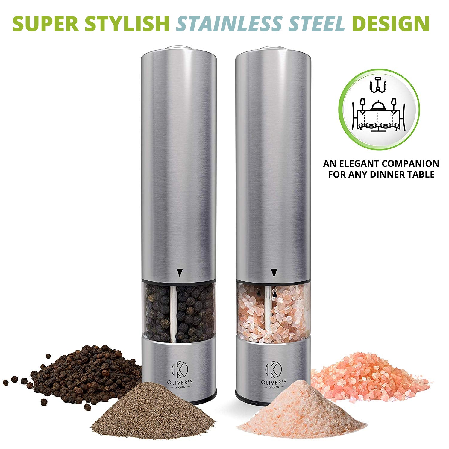 Oliver's Kitchen Salt & Pepper Grinder Set - 2x Premium Quality Ceramic Grinders - Easy to Fill & Use - Season to Perfection with Adjus